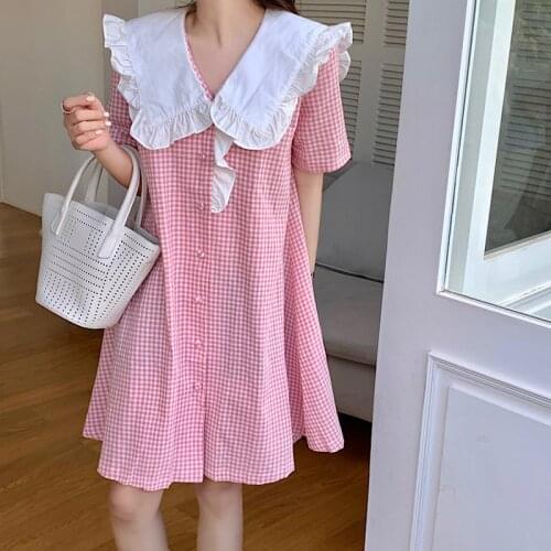 New summer grid women dress patchwork big Doll collar tight length korean style Single-breasted short sleeve female dress 2021