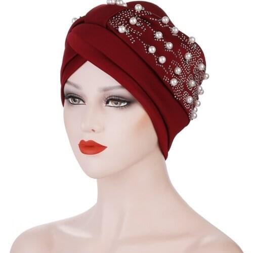 African Turbans Hijab Women Caps Bandana Knot With Pearls Head Wrap Hats Fashion Solid Elegant Wedding Wear African Bonnets 2021
