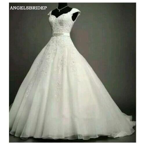 ANGELSBRIDEP Cap-Shoulder Ball Gown Wedding Dresses Vestido De Noiva Formal Applique Sash Court Train Bridal Gowns