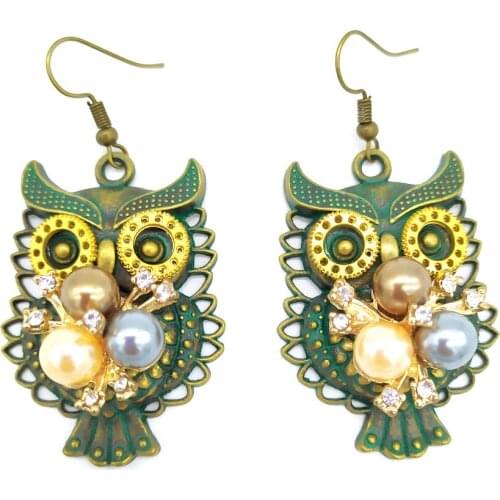 Cykopv 2019 New Original Style Green Clever Owl with Honorable Pearls Flower Vintage Steampunk Drop Earring