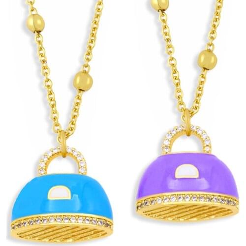 FLOLA Gold Chain Handbag Pendant Necklace Bead Copper CZ Colorful Enamel Short Necklace Jewelry For Women nkew99