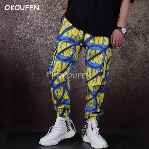 Personality casual pants mens overalls printed pocket trousers elastic feet pants loose trousers