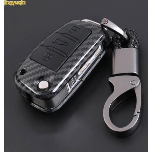 Jingyuqin Remote Car Key Carbon Fiber ABS Case For Audi Q3 A4L A6L Keychain Cover Proctection 3 Button Entry Fob