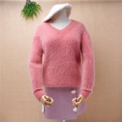 K193 ladies women fashion pink short style cropped stripes mink cashmere knitted v-neck long sleeved slim pullover winter jumper