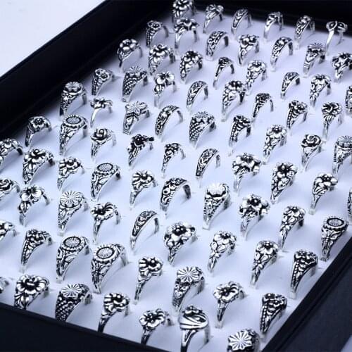 100 Pcs/Lot Flower Retro Gothic Alloy Rings for women Wholesale Jewelry Lots Plating Ancient Silver Women Finger Rings