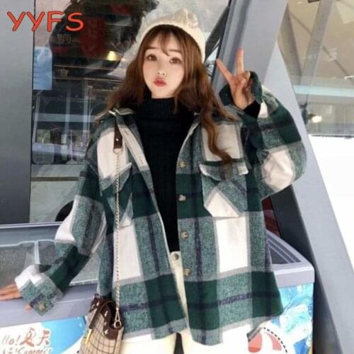 2020 Vintage plaid jacket womens Wool Blend coats Hooded streetwear korean kawaii oversized Shirts Women outerwear Chic Tops