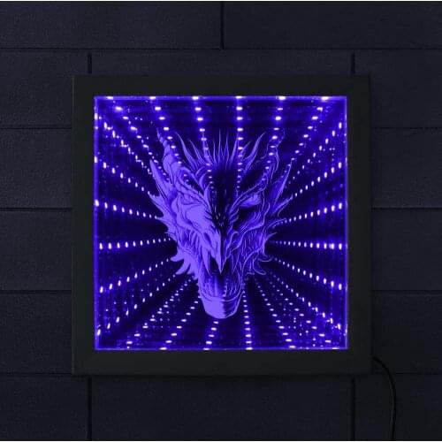 Mythical Dragon Head 3D Infinity Mirror Wood Frame Gothic Dragon Never ending Tunnel Light Optical Illusion Color Change Light