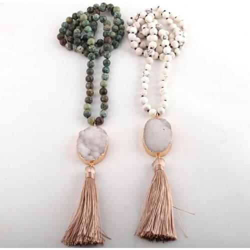 Fashion Bohemian Tribal Jewelry 8mm Natural Stone Long Knotted Druzy Link Beige Tassel Necklace Women Bead Necklaces