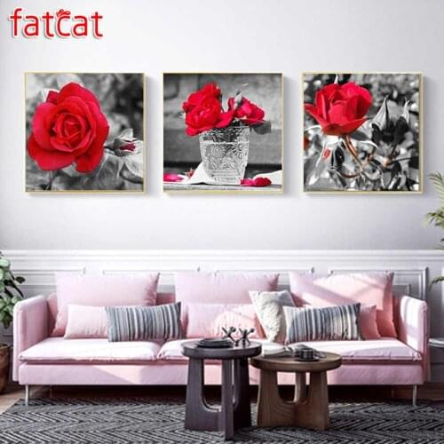 FATCAT 5d diy diamond painting still life red flower full square round drill diamond embroidery triptych home decor AE1635