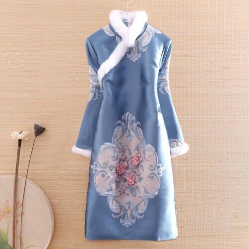 Autumn Women Vintage Royal Warm Dress Cheongsam Retro Elegant Jacquard Three-dimensional flower Elegant Lady Party Qipao S-XXL