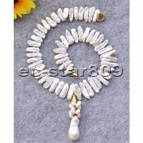P6600 17" 30mm White Biwa Pearl Necklace Baroque Keshi Pendant Choker