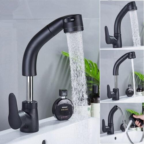 Bathroom Basin Faucets Total Soild Brass Hot & Cold Pull Out Spray Nozzle Sink Mixer Tap Single Handle Deck Mounted Rotate Taps