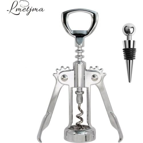 LMETJMA Wing Corkscrew Stainless Steel Red Wine Opener With Wine Stopper Premium Red Wine Beer Bottle Opener Bar Tools KC0047