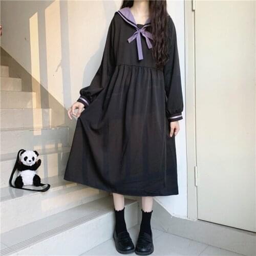 Autumn Vintage New Japanese Chiffon College Style Loose Navy Collar Long Sleeve Dress JK Uniform Cosplay Women Dresses