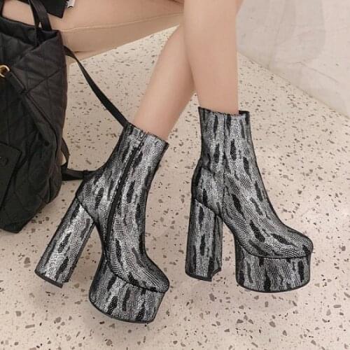 Super High Heel Short Boots 2021 Autumn Winter Boots Womens Thick Soled Platform Boots Square Heel Shoes Woman Zapatillas Mujer