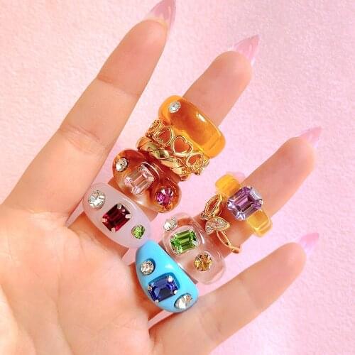 2021 New Korean Transparent Colourful Acrylic Resin Rings For Women Geometric Rhinestone Square Round Ring Crystal Jewelry Gifts