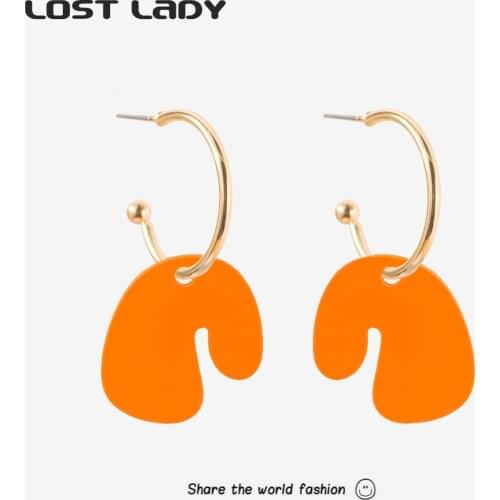 Lost Lady Fashion Irregular Geometric Pendant Earrings Statement Orange Color Earrings for Women Girl C-Shaped Ear Jewelry