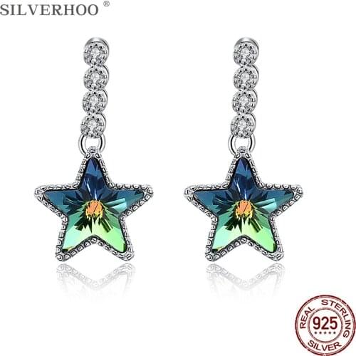 SILVERHOO 925 Sterling Silver Drop Earrings For Women Austrian Crystal Earrings Party Pentagram Shape High Jewelry Gift Hot Sale