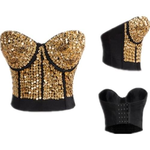 Sexy New Sequins Nightclub Bra Ball Queen Performance DJ Silver women Corset Bustier Glod Bras for woman