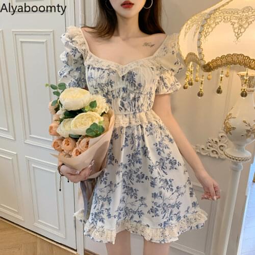 French Style Summer Women Feminine Mini Dress Square Collar Vintage Floral Print Chic Dress Puff Sleeve Lace Ruffles Cute Dress