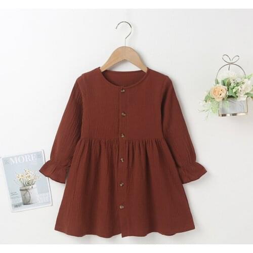 Winter 2021 Girls Dress Girls Long Sleeve O Neck Single Breasred Claret Solid Casual Cute Streetwear Dresses Vestidos 18M-6T