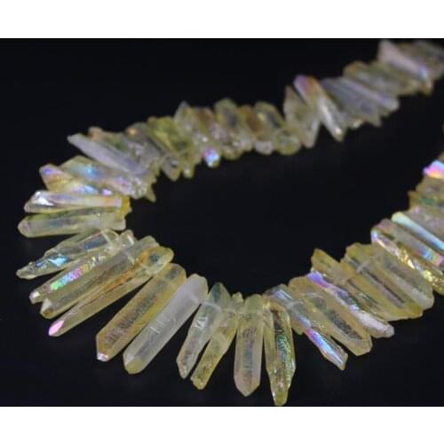 15.5"strand Lemon Yellow Raw Crystal Top Drilled Point Beads,Titanium Crystal Quartz Stick Graduated Pendants Jewelry Making