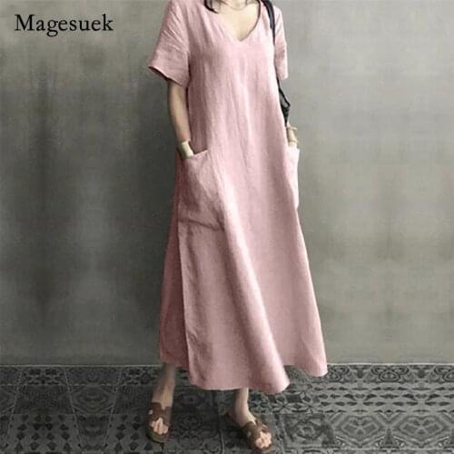 2021 Cotton Linen V-neck Maxi Dress Women Summer Vintage Plus Size M-5XL long dress Casual Short Sleeve Pockets Vestidos 10139