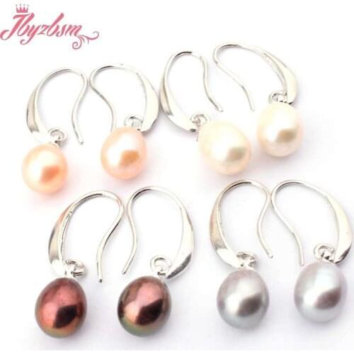 7x8-9x10mm Oval Genuine Freshwater Pearl Natural Stone Beads Silver Dangle Hook Fashion Earrings For Woman Christmas Gift 1 Pair