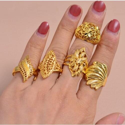 Annayoyo 6 Style Ethiopian Flower Shape Gold Color Imitation Ring for Women Man Anniversary Made with Cooper Luxury Jewelry