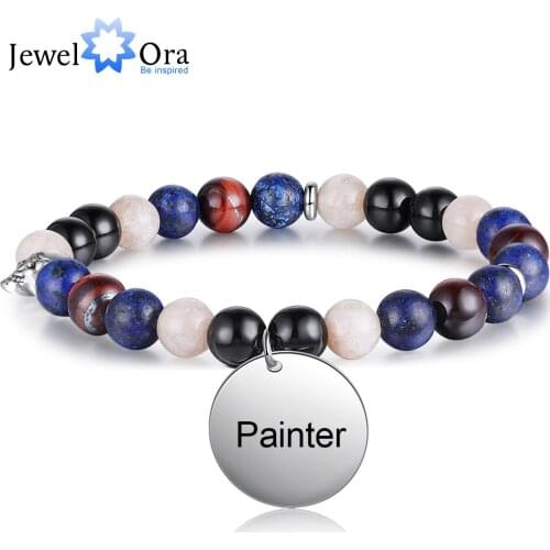 JewelOra Personalized Engraving 2 Sides Beaded Chain Bracelets Customized Stainless Steel Round Charm Bracelet Gift for Ladies