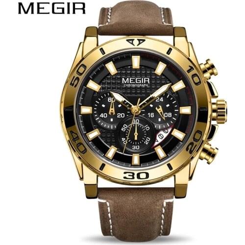 MEGIR 2021 New Personality Military Multifunctional Watches Male Chronograph Leather Calendar Waterproof Relogio Masculino 2094G