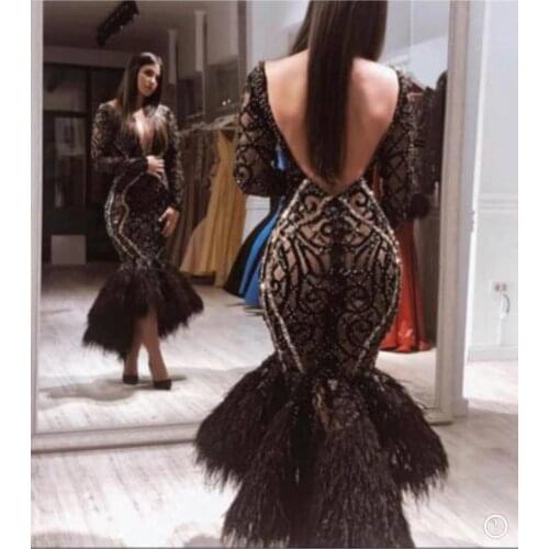 Black Luxury Feather Prom Dresses Long Sleeve Lace Beads V Neck Celebrity Evening Dress High Low Formal Party Wear