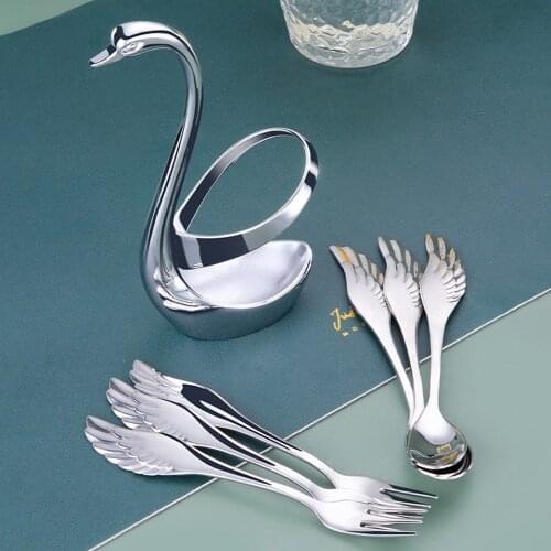 Elegant Swan Fruit Base Holder Forks Set Stainless Steel Salad Dessert Coffee Spoon Cake Tableware Zero Waste Flatware Dropship