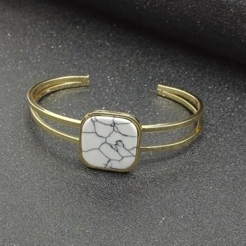 FYSL Light Yellow Gold Color Square Shape White Howlite Stone Open Bangle Trendy Jewelry