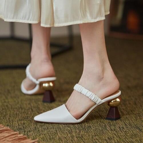 Fashion Sandals Female Cover Toe Strange Style Heel Leather Shoes High Quality Side Back Empty Womens Shoes