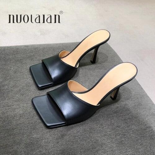 2020 New Summer Women Sandals Square Toe Ladies Heel Mules Sexy Thin High Heels Sandals Slippers Female Fashion Woman Shoes
