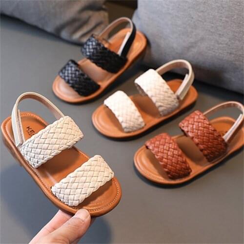 2021 Summer New Fashion Soft Leather Girls Sandals Velcro Woven Princess Shoes Childrens Flat Beach Shoes SO064