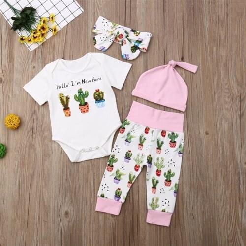Newborn Baby Girls Boys clothes cactus print Pants Bow Geometry Headband solid Hat round neck short sleeve Bodysuit 3pc Outfits