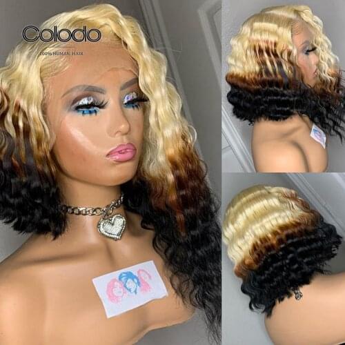 Curly BOB Ombre Blonde Colored 613 Lace Front Wig For Black Women Full 360 Glueless Frontal HD Transparent Deep Wave