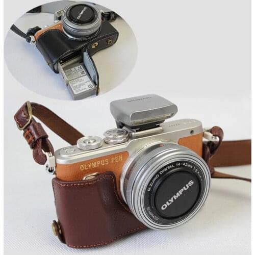 Portable Genuine Leather Case Camera half body cover For Olympus E-PL9 EPL9 E-PL8 EPL8 E-PL7 EPL7 hard shell with shoulder strap