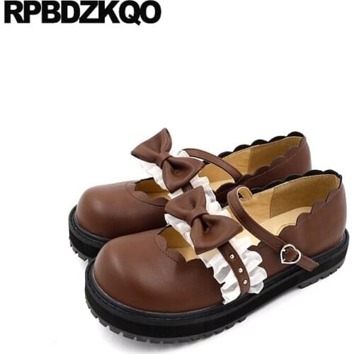 Red wine kawaii british style women flats shoes with little cute bowtie bow stud lace rivet big embroidery chic shallow brown