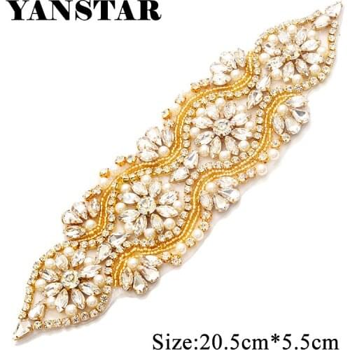 YANSTAR (10pcs) Wholesale Clear Rose Gold Crystal Rhinestonesd Appliques Patch Iron On Wedding Gown Belt DIY YS841