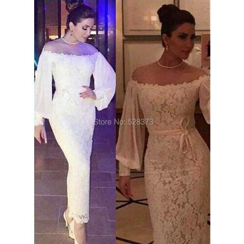 YNQNFS MD75 Sheer Neck Off Shoulder Long Sleeve Lace White Party Dress Formal Gown Ankle Length 2019