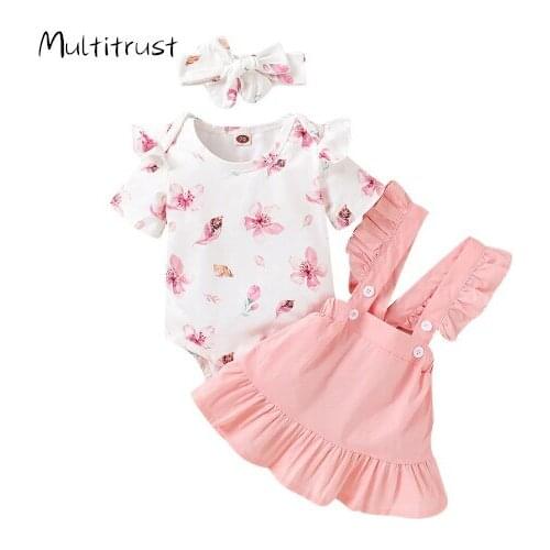 0-24M Baby Girl’s Skirt Three Piece Suit Fashion Floral Short Sleeve Jumpsuit Solid Color Suspender Skirt and Headband