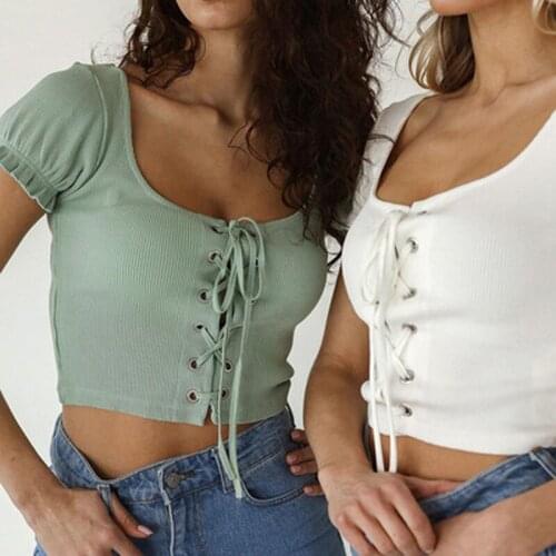 Summer Sexy Crop Tops Female Short Sleeve Solid Color Low-Cut Square Neck Slim Bandage Wild T-Shirt for Dating Shopping