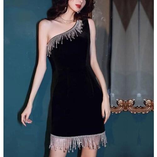 Womens One Shoulder Crystal Fringe Bodycon Black Bandage Dress 2021 New Summer Sleeveless Sexy Mini Club Party Dress Vestidos