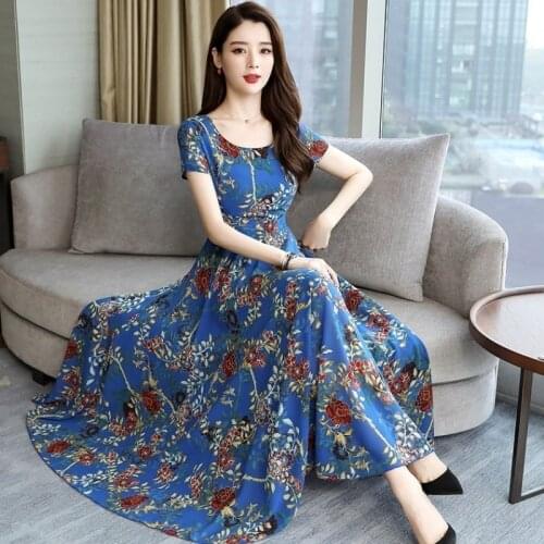 Women Floral Print O-neck Maxi Dress Vintage Boho Short Sleeve Long Dress Turn Down Collar Casual Shirt Dresses Robe #T1Q