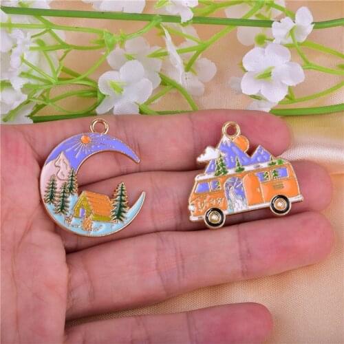 10pcs/pack Vacation Bus Moon Mountain Oil Drop Metal Charms Pendant Earring Bracelet DIY Necklace Jewelry Making