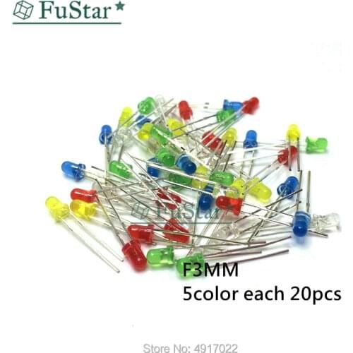 100Pcs/lot 5 Colors F3 3MM Round LED Assortment Kit Ultra Bright Diffused Green/Yellow/Blue/White/Red Light Emitting Light Beads