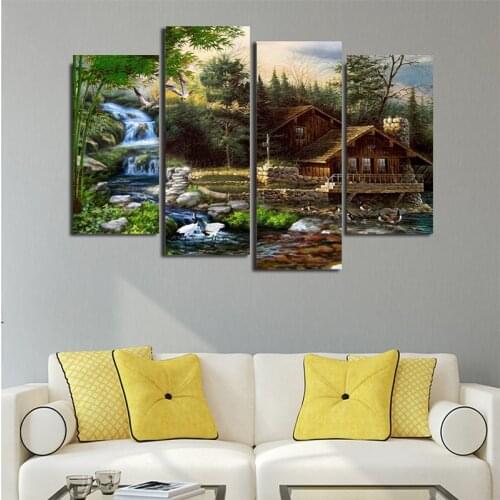 4PCS HD Printing Waterfall House Outdoor Landscape Art Painting Modern Living Room Bedroom Poster Home Decoration Without Frame